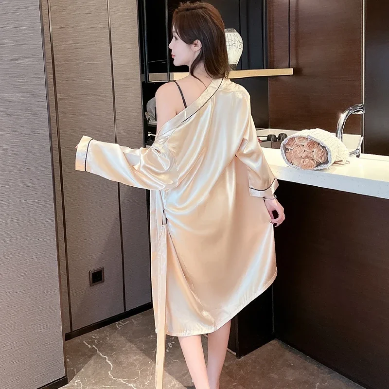 2024 Autumn 2PCS Silk Satin Sexy Lingerie Nightgowns Robes Sets for Women Korean Cute Bathrobe Sleepwear Nightdress Night Dress