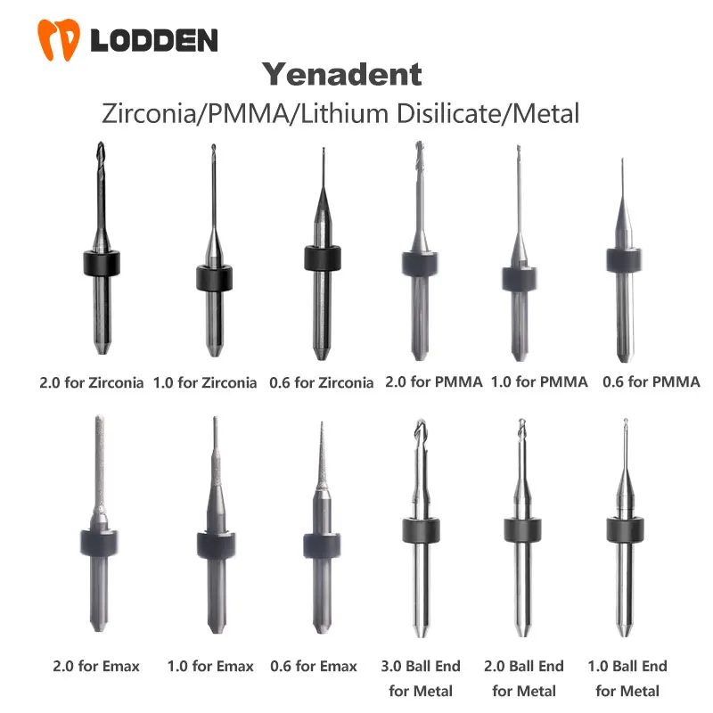 Yenadent Dental Lab Milling Burs for Lithium Disilicate Zirconia PMMA Metal D4 DC NC Coating Dentisity Materials Grinding Drills