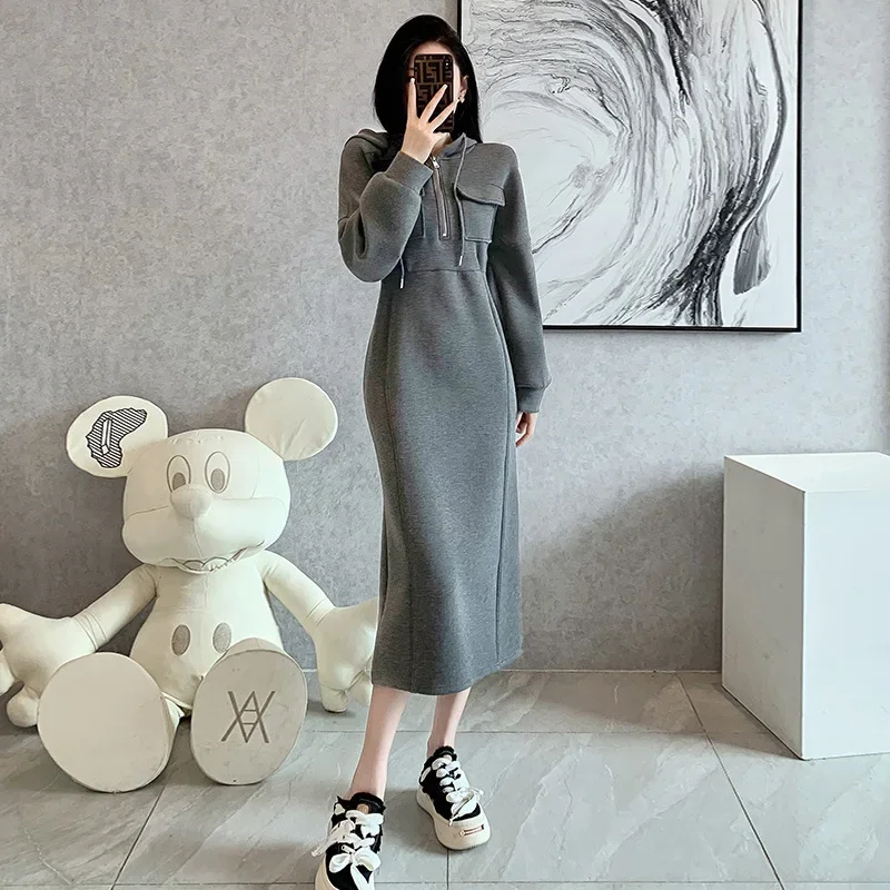 

Autumn and Winter Women's Hooded Sweatershirt Dress Solid Colour Simple Casual High Quality Slim Waisted Pullover Long Dresses