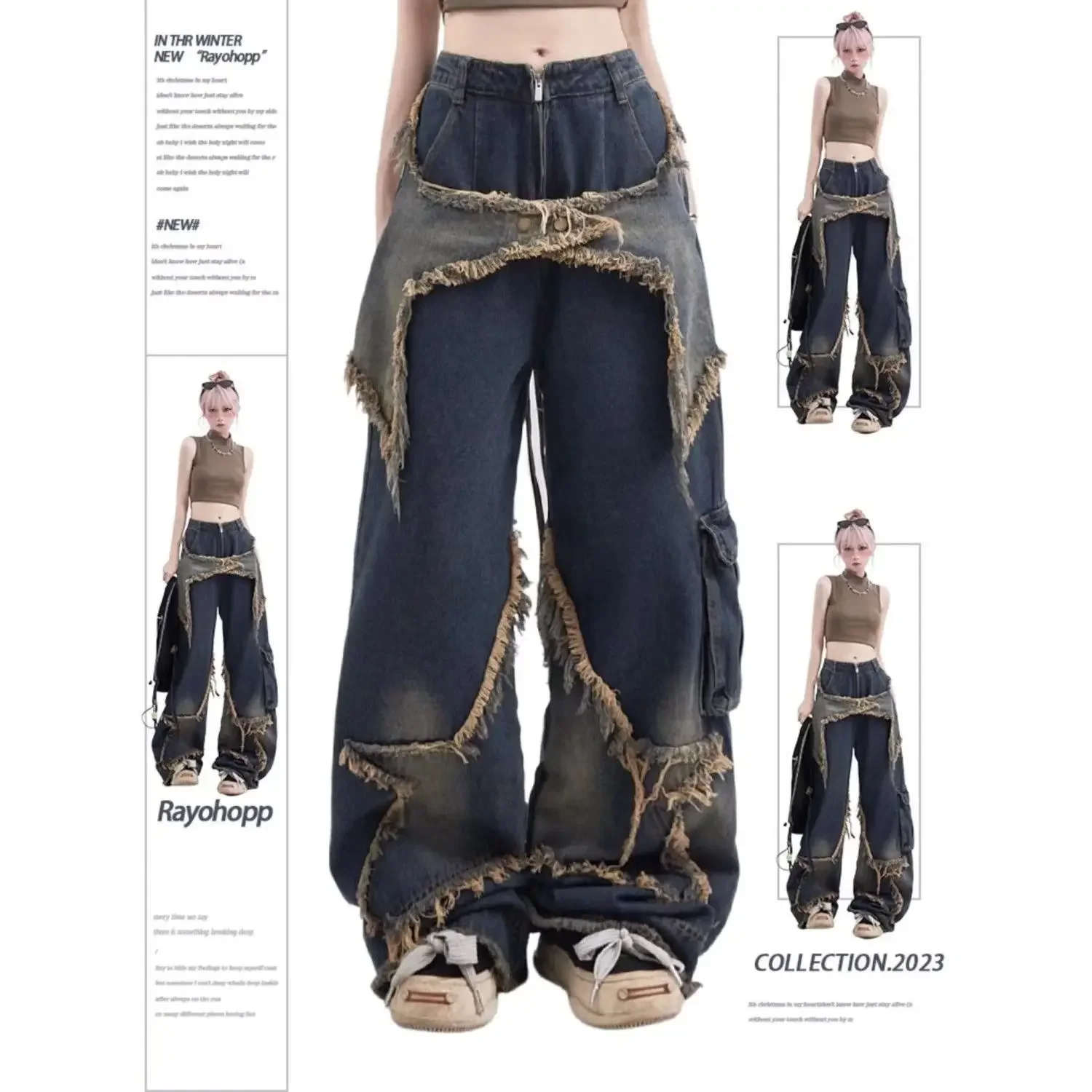 

New American Vintage Washed Five-Point Star Frayed Hem Jeans for Women High Street Niche Oversized Straight Leg Long Pants