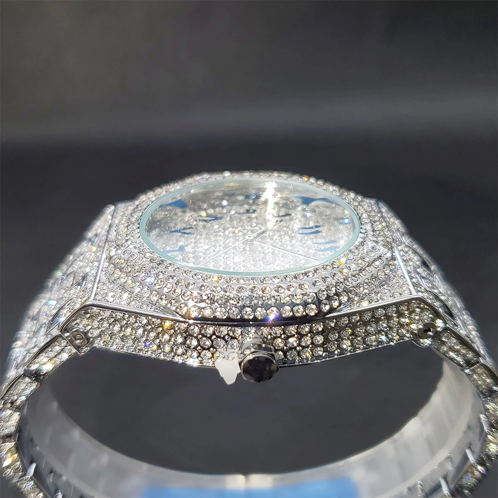 Men\'s Watch Luxury CZ Diamond Charm Quartz Wristwatches Iced Out Bright Zircon Stones 43mm Calendar Dial Hip Hop Trend Jewelry