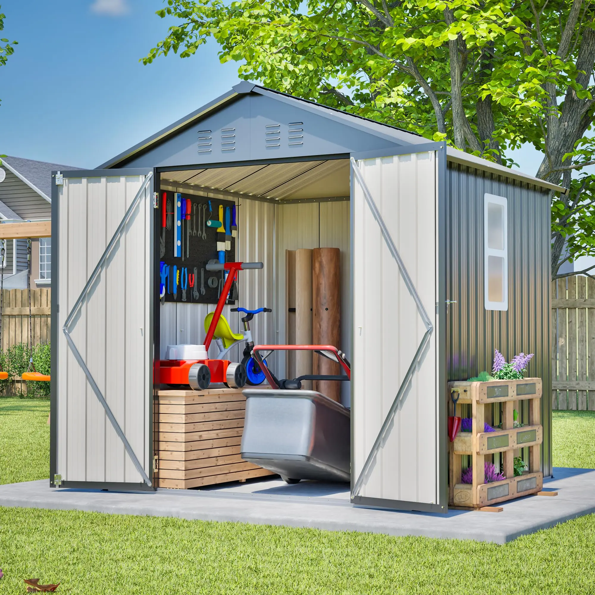 6x6 FT Outdoor Storage Shed with Lockable Doors & Sloping Roof & Clear Window, Galvanized Steel Metal Garden Tool Shed