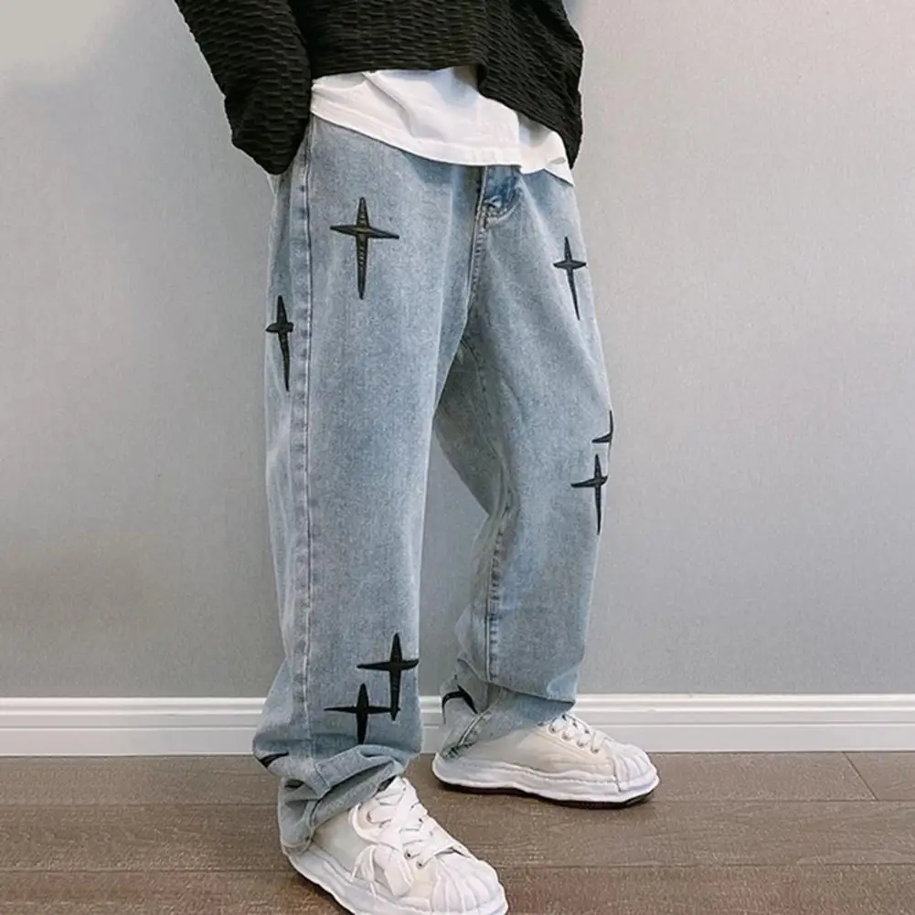 Men Star Embroidery Jeans 2024 Vintage Wide Leg Baggy Jeans Korean Fashion Drapes Straight Casual Loose Denim Pants Cargo Pants