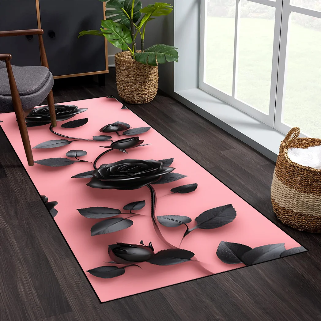 VIKAMA Black Rose Carpet Valentine's Day Doormat Special Runner Rug Kitchen Rug Welcome MatCarpet For Live Room Rug For Bedroom