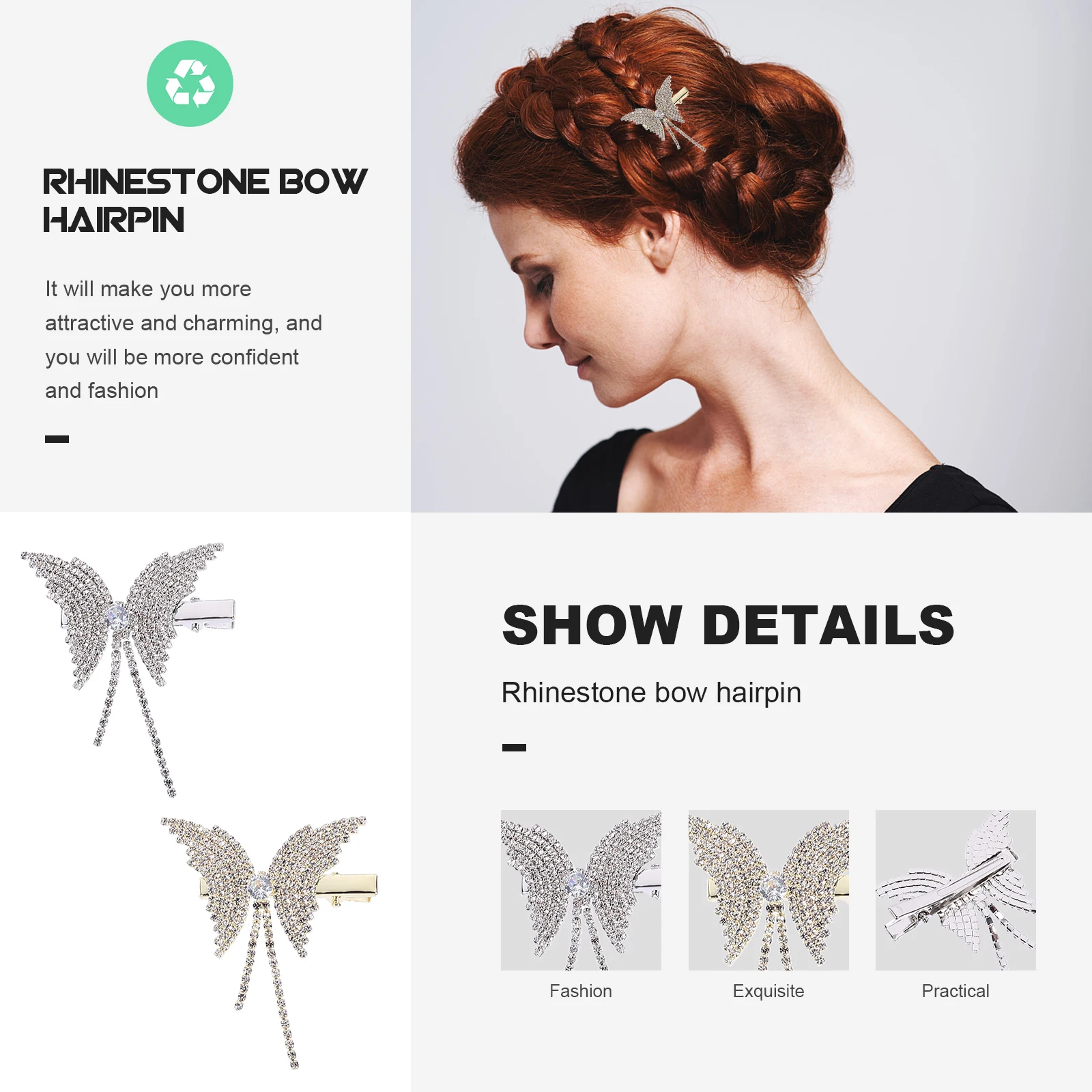 

2Pcs Rhinestone Hairpins Fashion Barrettes Bow Clips Lightweight Decorative Accessories HairDecorations GirlHairpins
