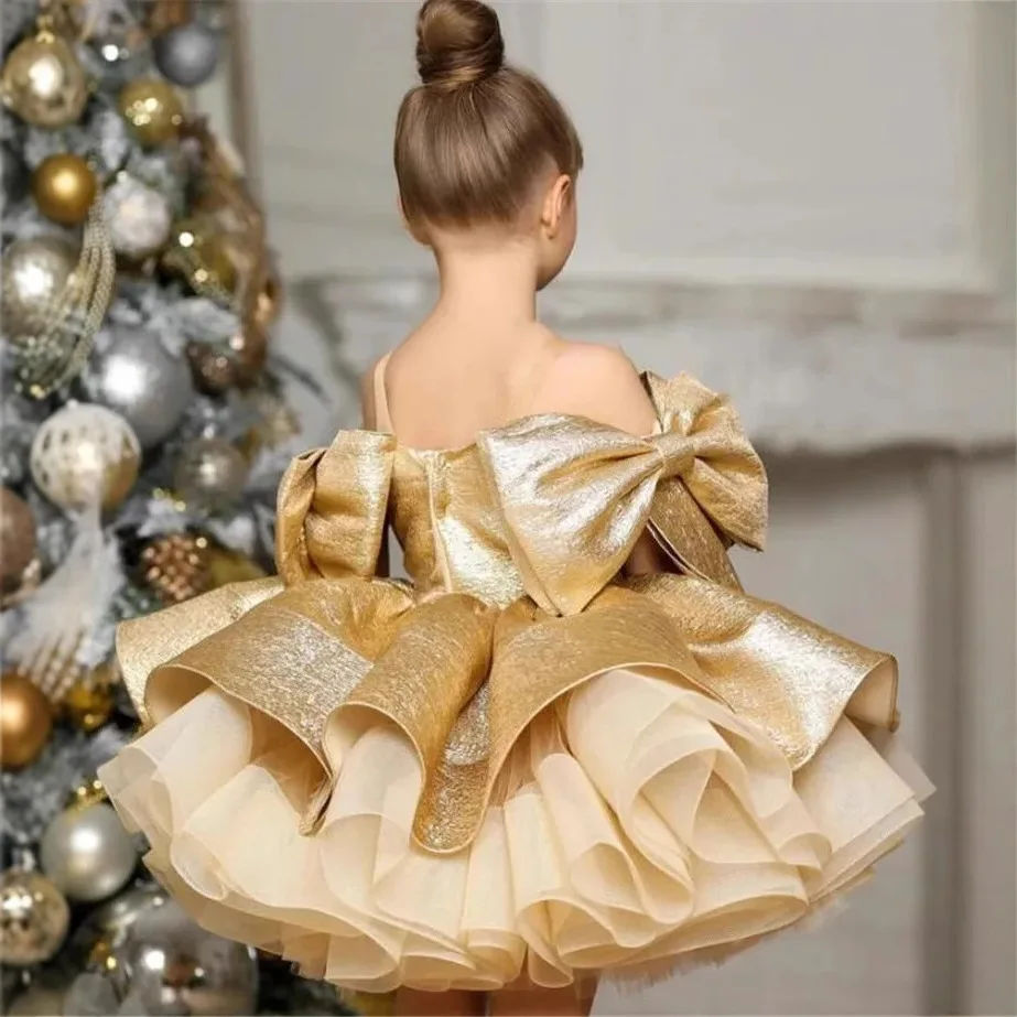 Children High End Gold Birthday Baptism Princess Ball Gown Girls Fashion Wedding Host Piano Performance Dress g400