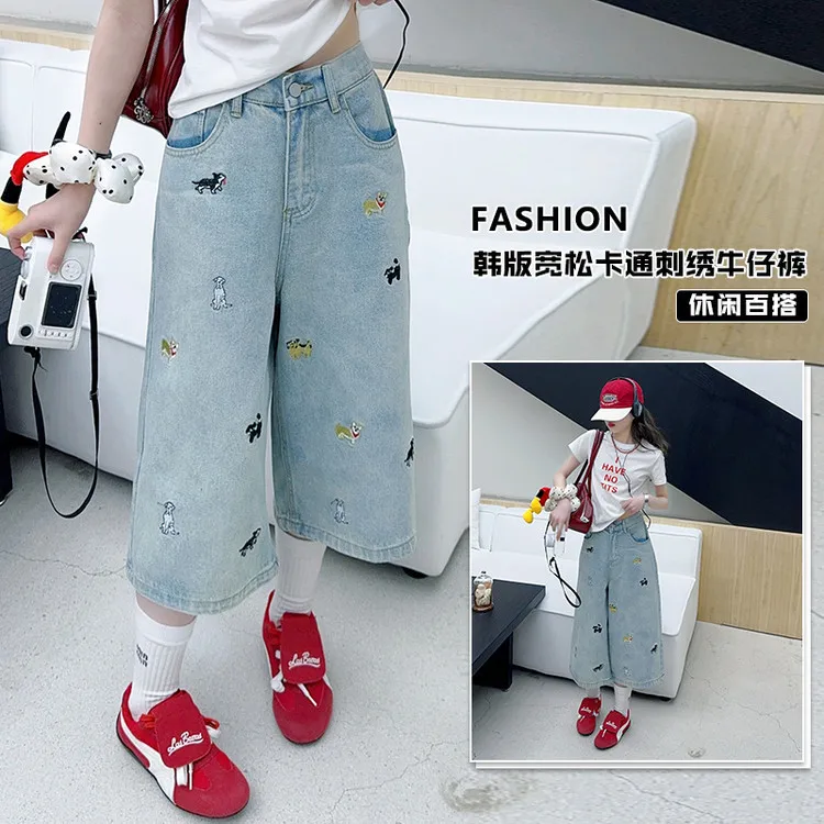 

4-6-13 14+ летние джинсовые шорты с рисунком собаки для девочек-подростков, хлопковые топы для маленьких детей, футболка, детская повседневная укороченная брючная одежда с животными