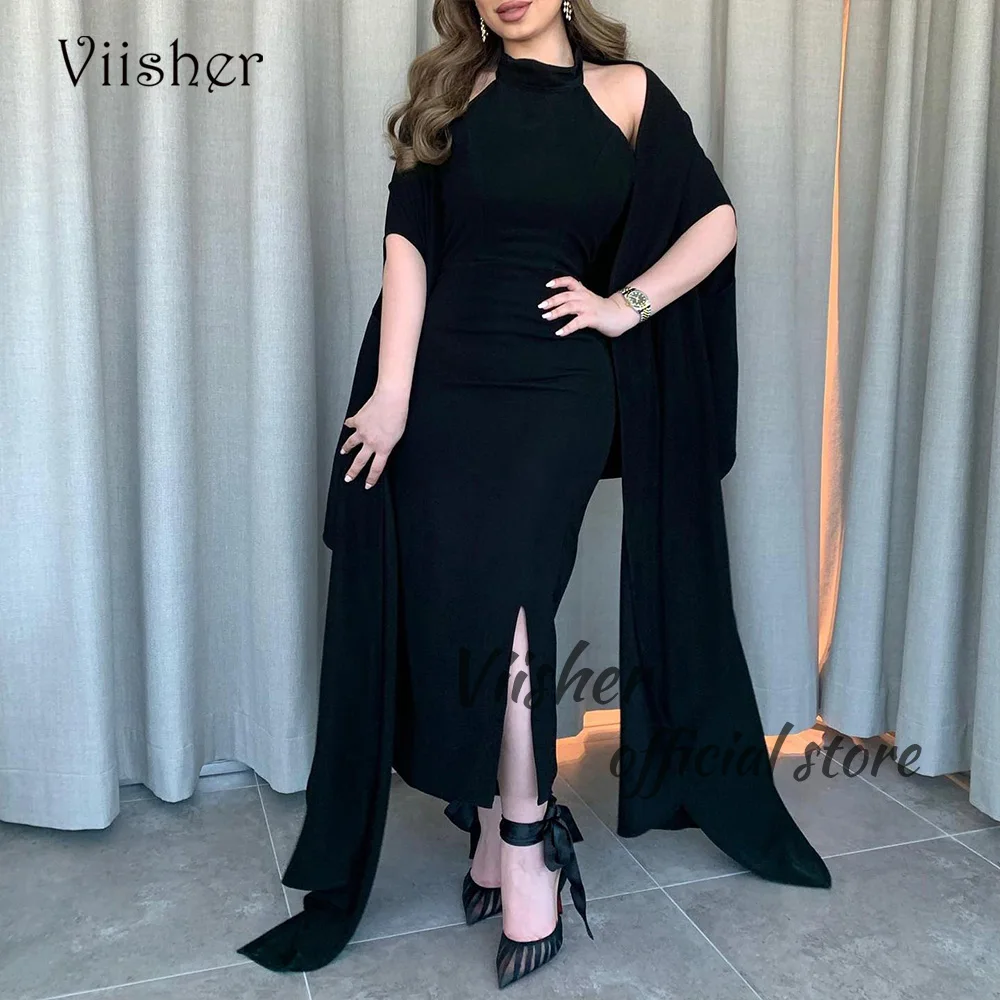 

Viisher Black Mermaid Evening Dresses with Jacket High Neck Tight Long Satin Dubai Arabic Prom Party Dress with Slit Formal Gown