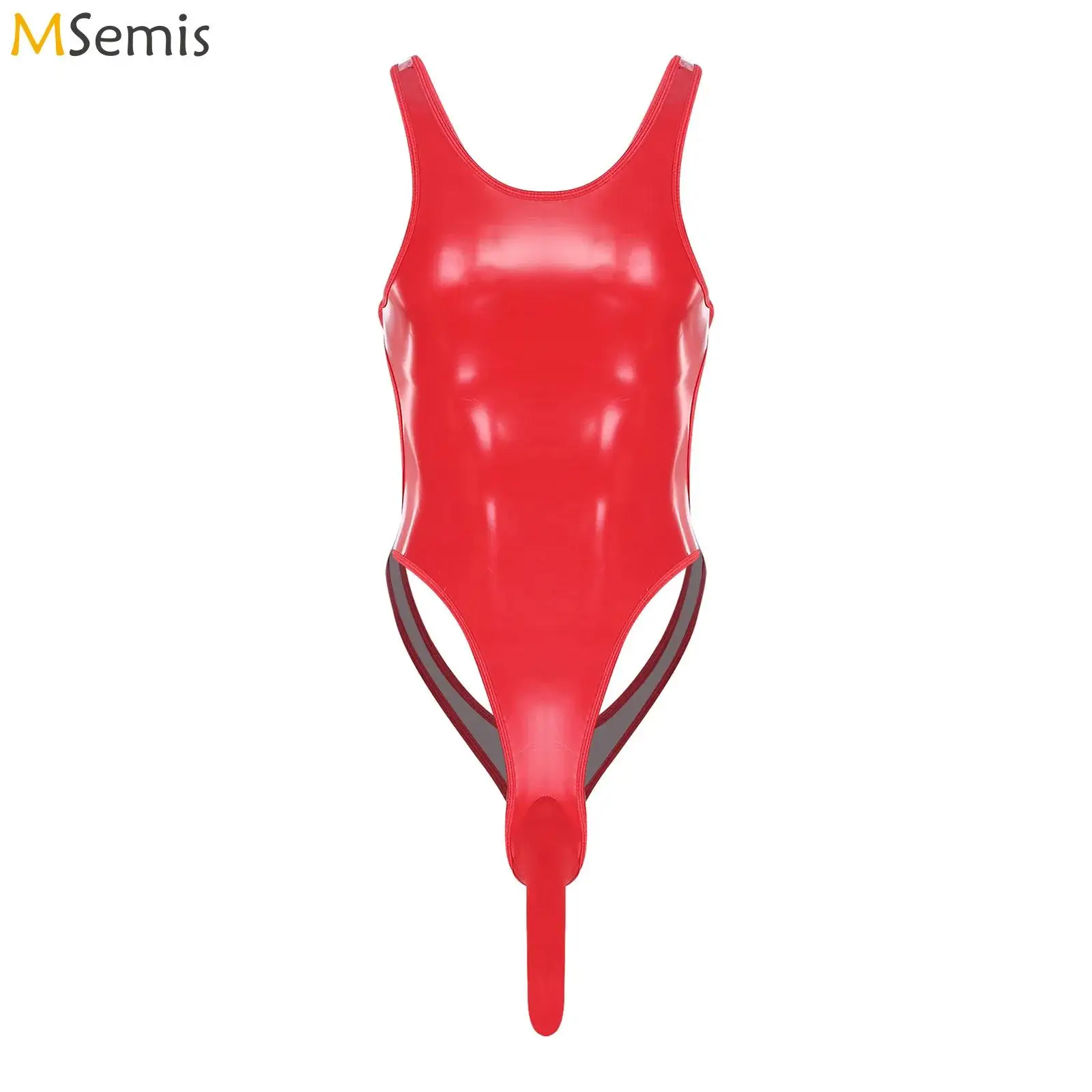 

Gay Mens Lingerie Sissy Crossdressing Glossy PU Bodysuit Lingerie Hollow Out Sheath Pouch Bodycon Leotard Jumpsuit Sexy Costume
