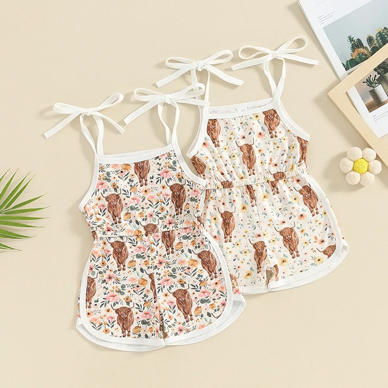 Gado Floral das meninas do bebê imprimir sem mangas Sling Tie-Up Romper, Shorts ocidentais das meninas, macacão macacão, vestido Romper, 2024-03-06