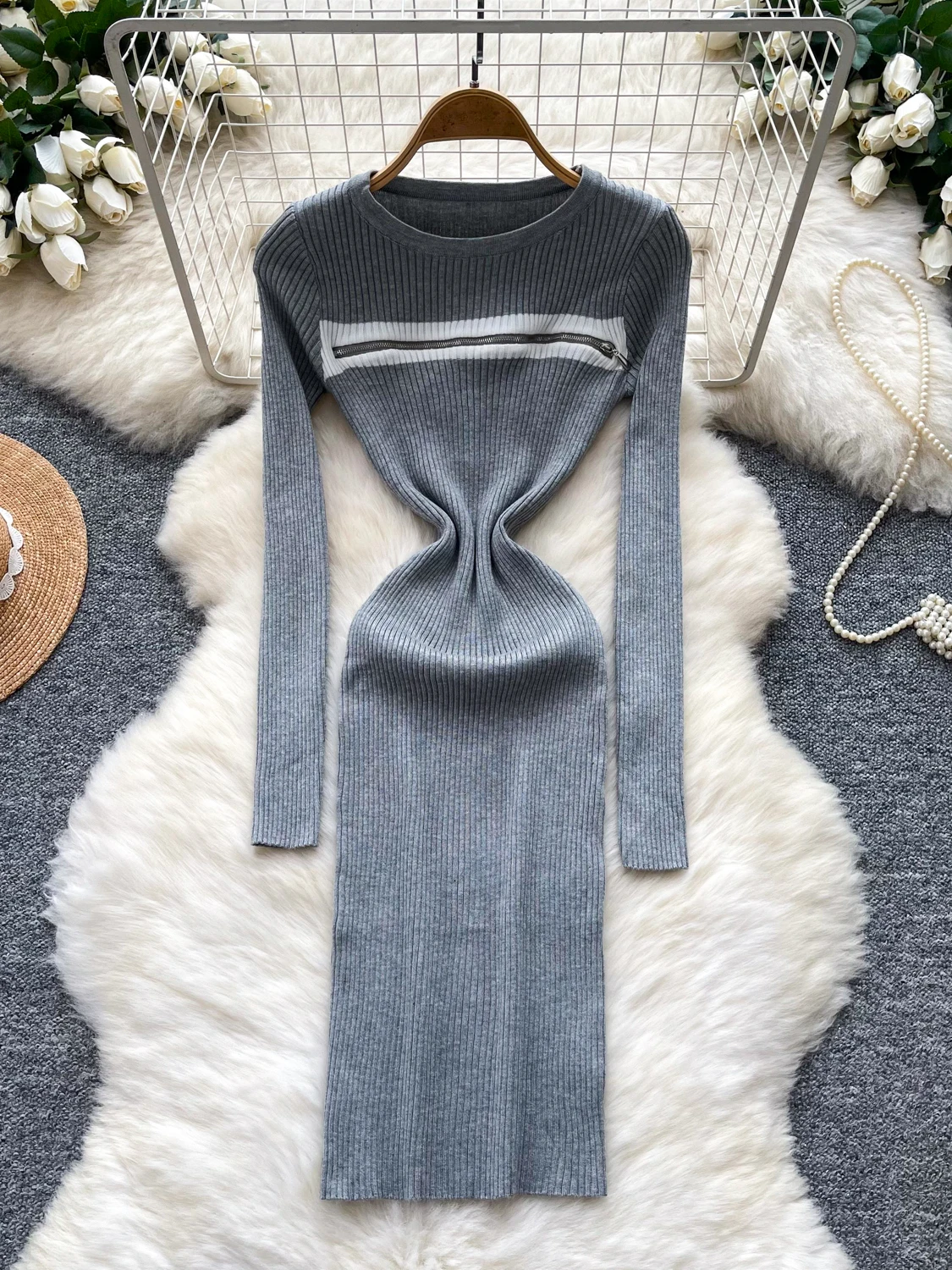 Slim Fit Long Sleeve Knitted Dress Korean Style High Waist A-Line Base Layer Sweater Dress for Women Autumn Commute Workwear