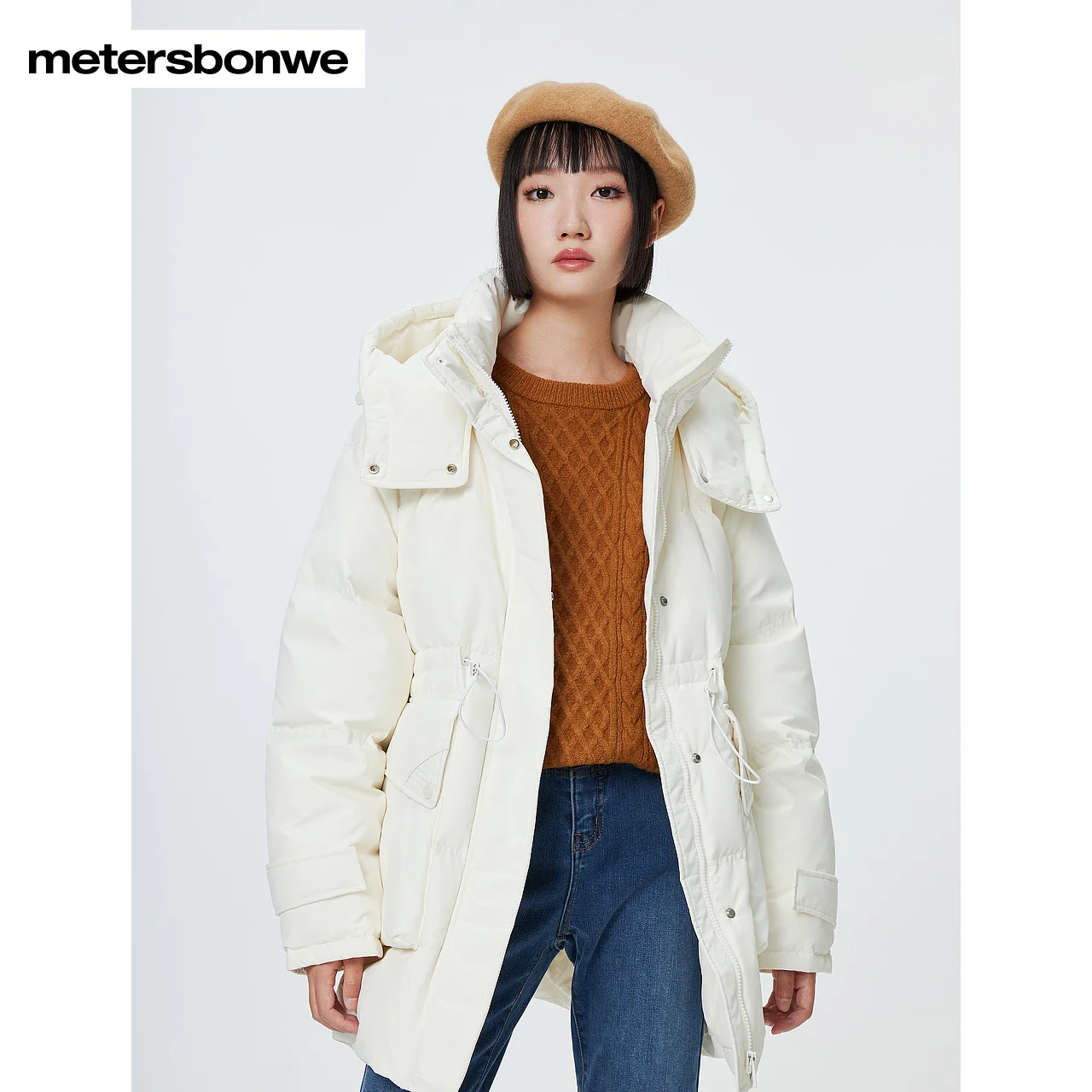 Metersbonwe Long Hooded Down Jacket Women Winter Parker Coat Ladies Warm Jackets Casual White Outerwear