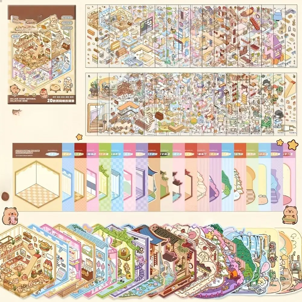 20in1 Landscape Sticker Book Cartoon Capybara Cabin Scene Decorative Decals Tear-proof Free Combination 3D Stickers Scene Set