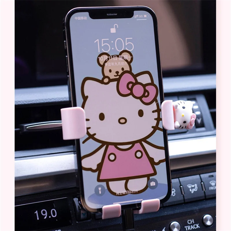 Kawaii Anime Hello Kitty Gravity Car Navigation Bracket Cartoon Mobile Phone Support Air Outlet Universal Pink Stablize Heat