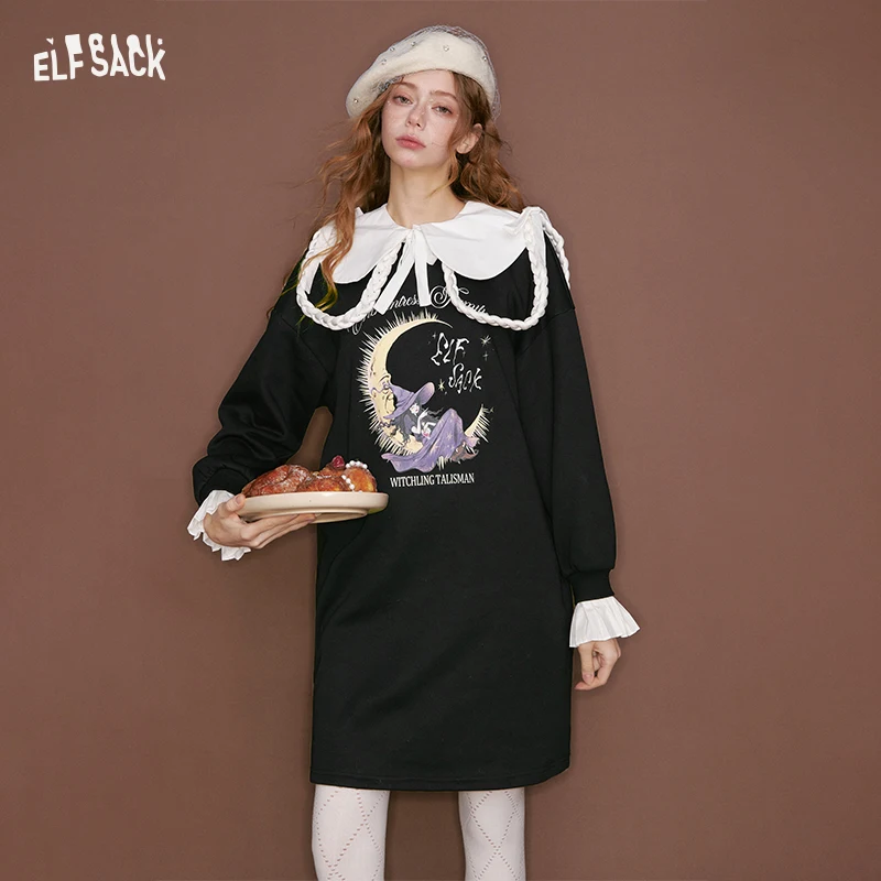 

ELFSACK Sweet Preppy Long Sleeve Dress Winter Braided Collar Loose Cotton Female Clothing Cartoon Graphic Dress For Women