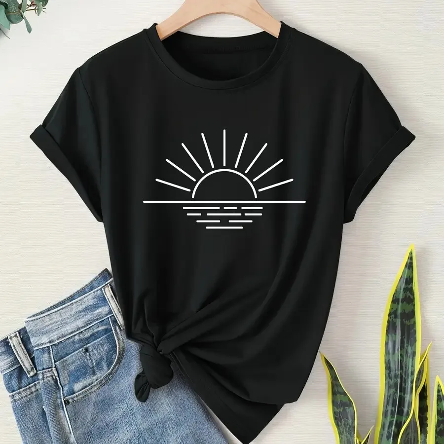 【Nuevo estilo】Camiseta gráfica vintage con diseño de rayos de sol y amanecer para mujer, camiseta retro de manga corta en blanco y negro, elástica y transpirable