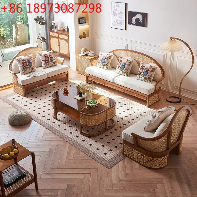

New Chinese solid wood wabi-sabi wind light luxury with drawers storage ash wood rattan sofa