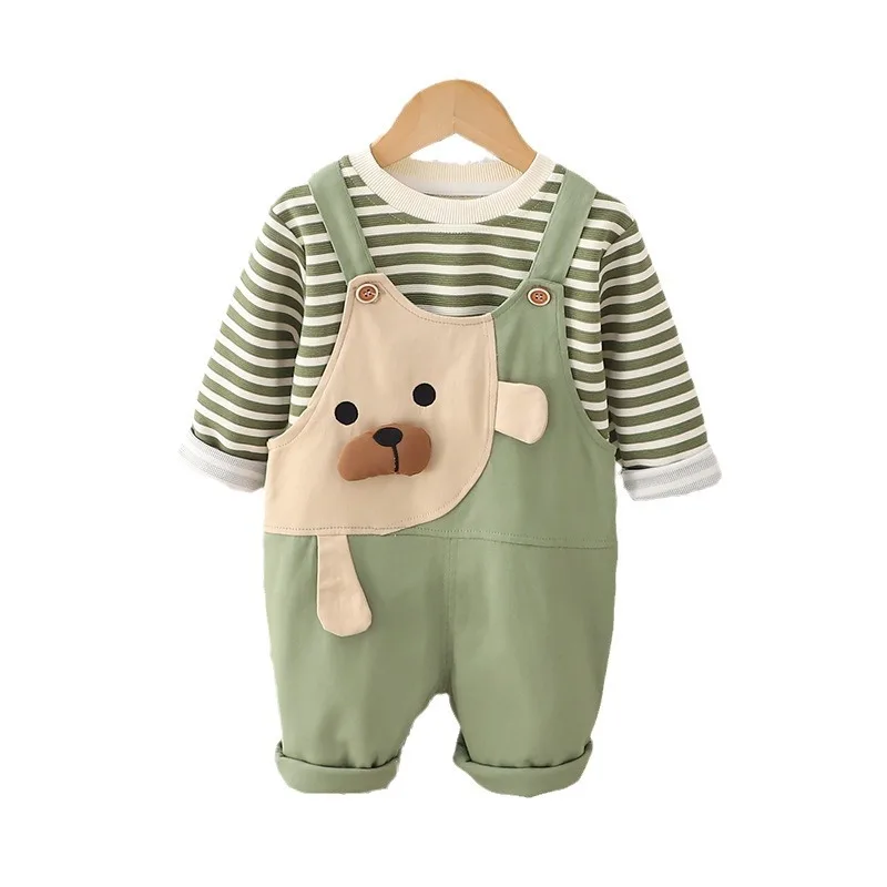 Spring Autumn Kids Boys 2PCS Clothes Set Cotton Striped Tops Cartoon Loose Suspender Pants Suit Toddler Baby Boys Outfits