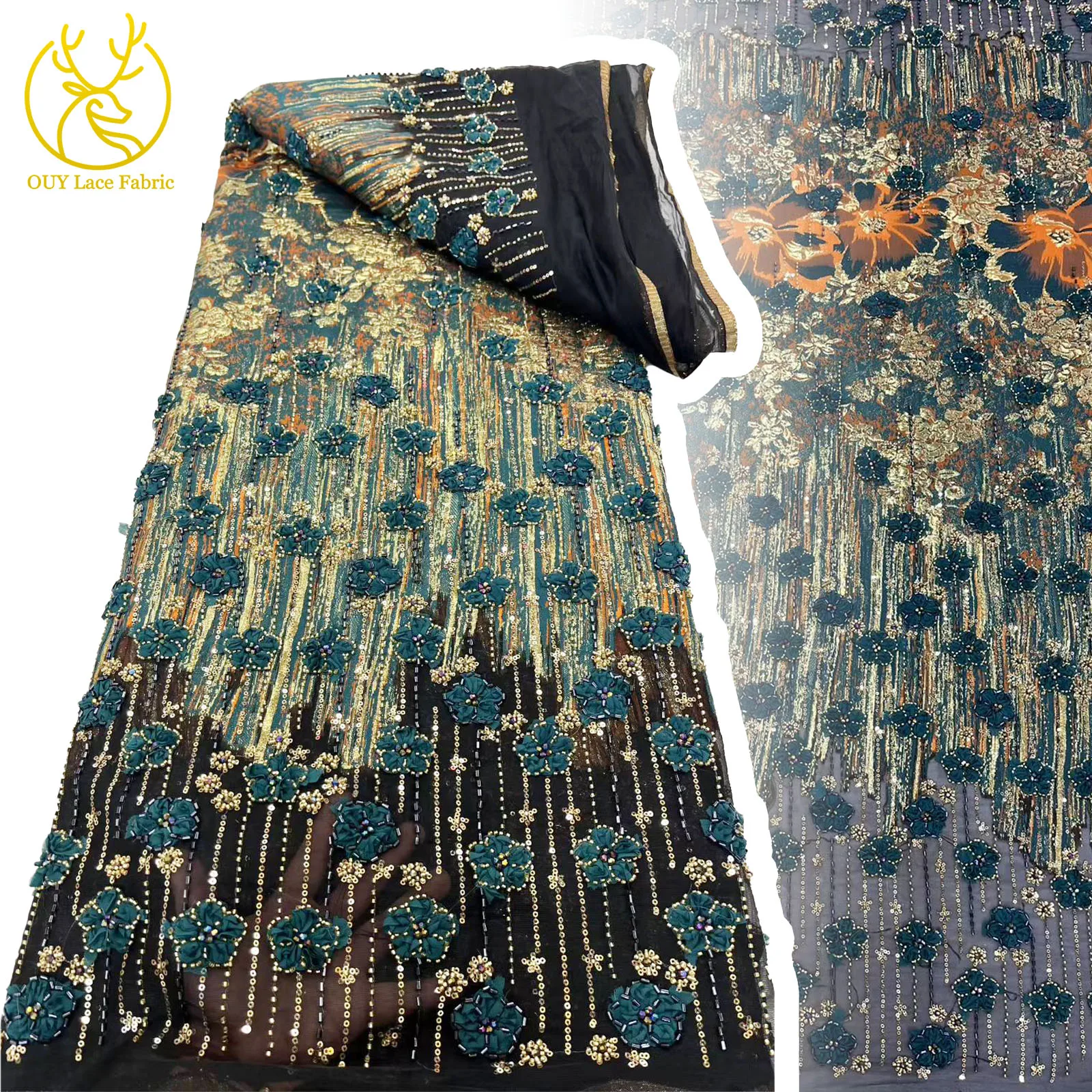 

New Luxury Velvet Beaded Lace Fabric 2025 Nigerian French Sequins 3D Embroidered Floral Lace Fabric Party Dress Sewing 5 yards