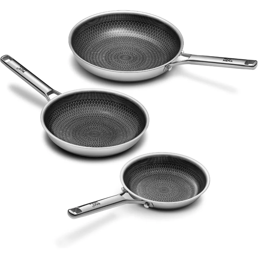 

Nonstick Frying Pan Set NonToxic TriPly Hybrid Ceramic Skillet 3 Piece 8 10 and 12 Inch Stainless Steel Pans PFAS PFOA PTFE Fre