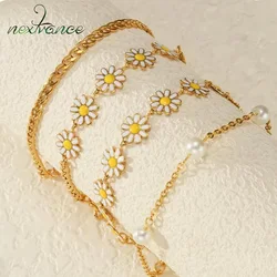 Nextvance Fashion Daisy Bracelet Imitation Pearl Beads Stainless Steel For Women Handmade Wrist Chain Accessories Jewelry Gifts