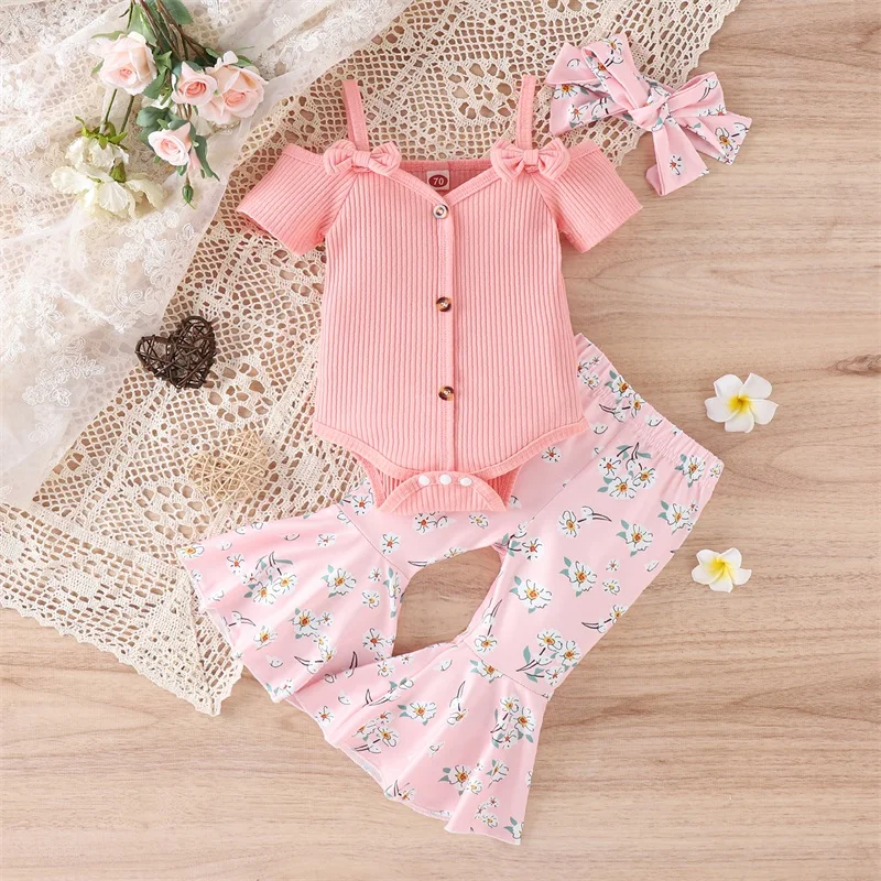 

Springcmy Infant Baby Girls Clothes Set Short Sleeve Letter Print Romper Top Flare Pants with Head Band Outfits