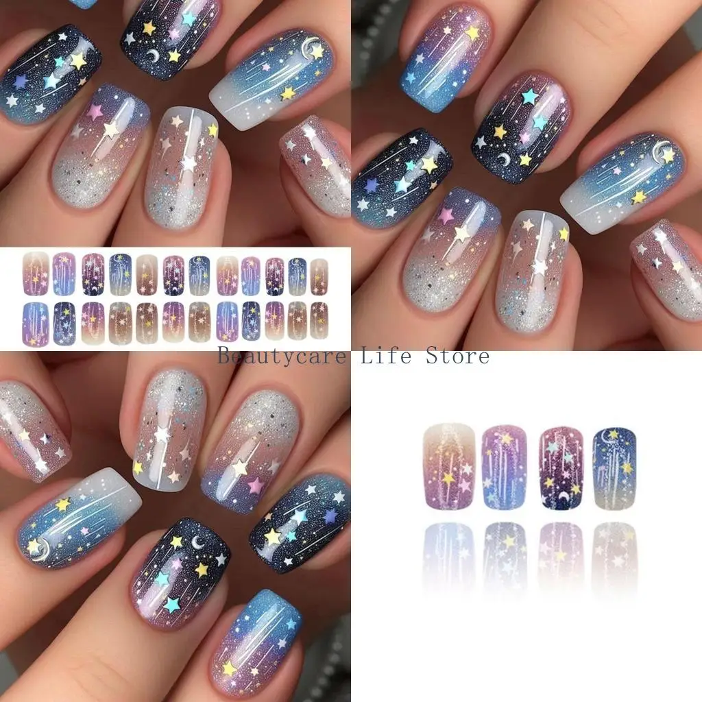 652C 24Pcs Medium Square Press on Nail Space Themed Moon Star Glossy Full Cover Artificial Nail For Wedding Party Dates