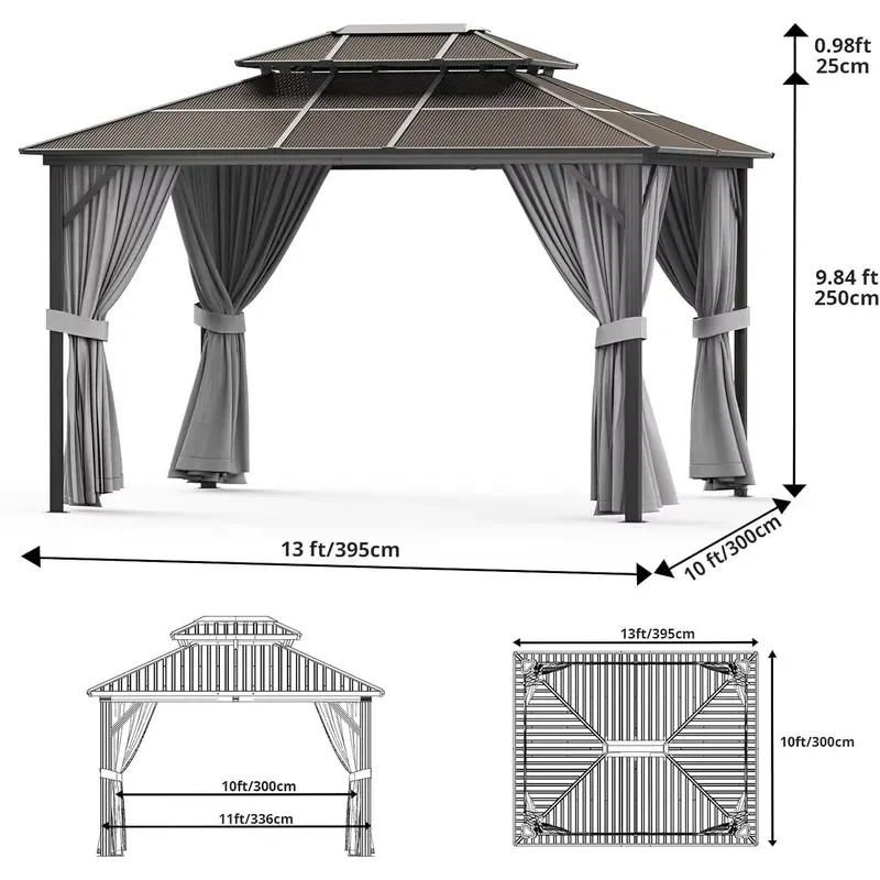 Hardtop Garden Gazebo Polycarbonate Double Roof Steel Frame Outdoor Pavilion Curtains Netting Permanent Canopy Eco-Friendly