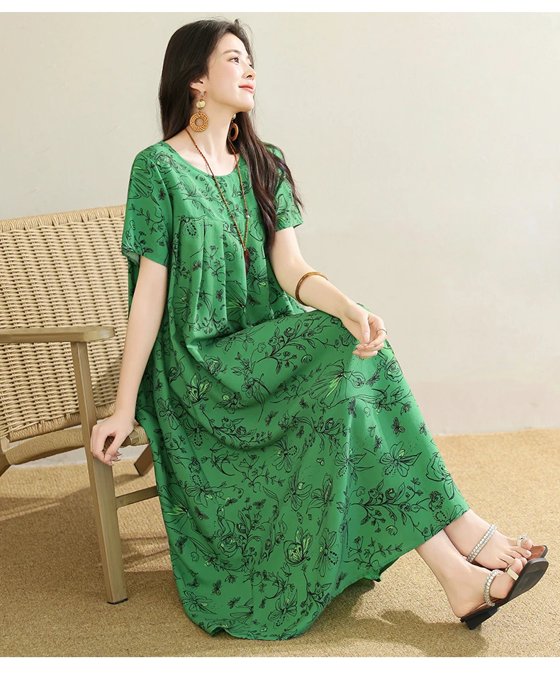 New 2025 Summer Dress For Women Plus Size Dress Casual Short Sleeve Boho Vintage Print Long Maxi Dress Beach Women Clothing
