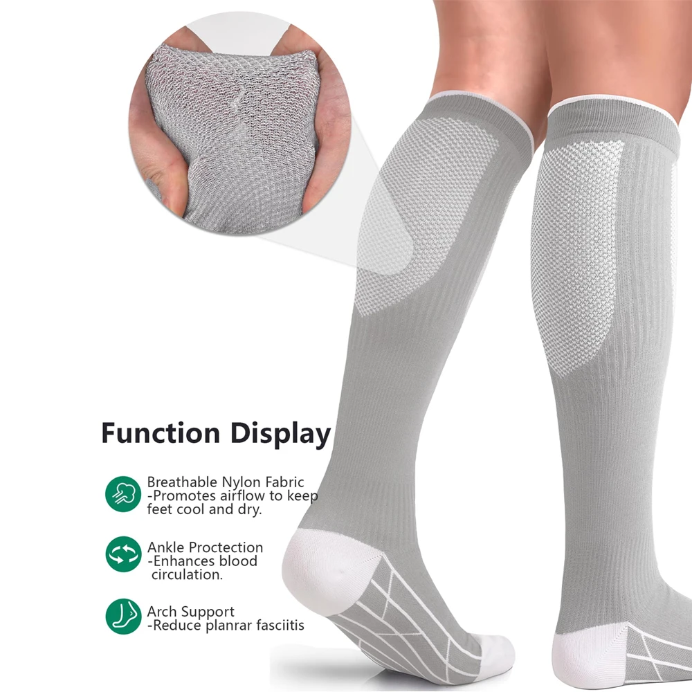 KEERUNNP 3Pairs Sport Knee High 15-20 mmHg Compression Socks,Workout & Flight Socks,BlackGray/GrayWhite/DarkBlue,S/M,L/XL