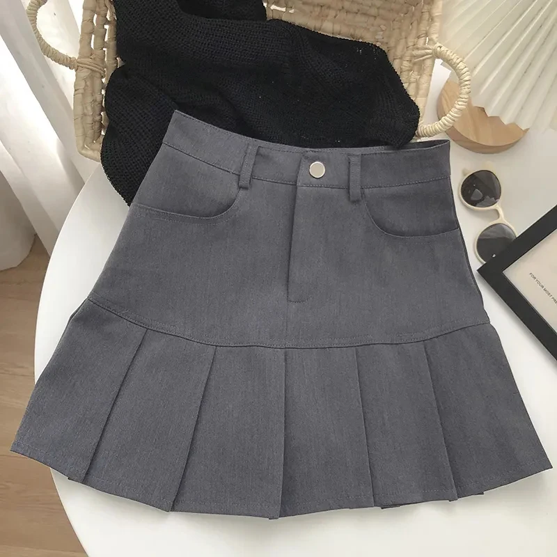 Y2K Pleated Skirts Women Grey Summer Harajuku Jk High Waist A Line Mini Skirts Korean Casual Cute All Match Hip Wrap Skirts