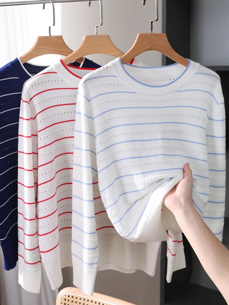 Spring Summer Women\'s O-neck Hollow Striped Long Sleeve Pullover Shirt 30% Merino Wool Knitwear Sweater Korean Popular Tops