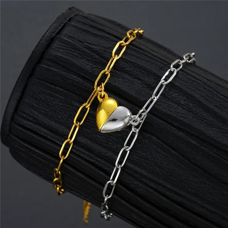 2Pcs/Set Stainless Steel Heart-Shaped Magnet Couple Bracelets with Simple Cuban Chain Design Attractive Charms Jewelry Gift