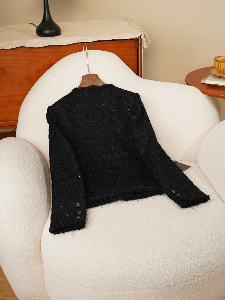 Ele Thi Tweed Bla Sequin Trim Hand Knitted Fringe Spring Autumn Women's Jaet Top Stand Fit Luxury Sle Polyeste...