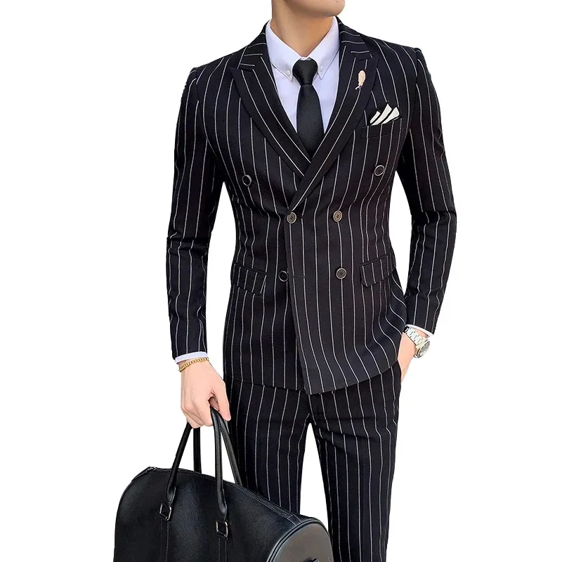 

Luxury Men's Striped Wedding Casual Tuxedo British Slim Suit 2pcs Quality Business Social Club Costume Homme