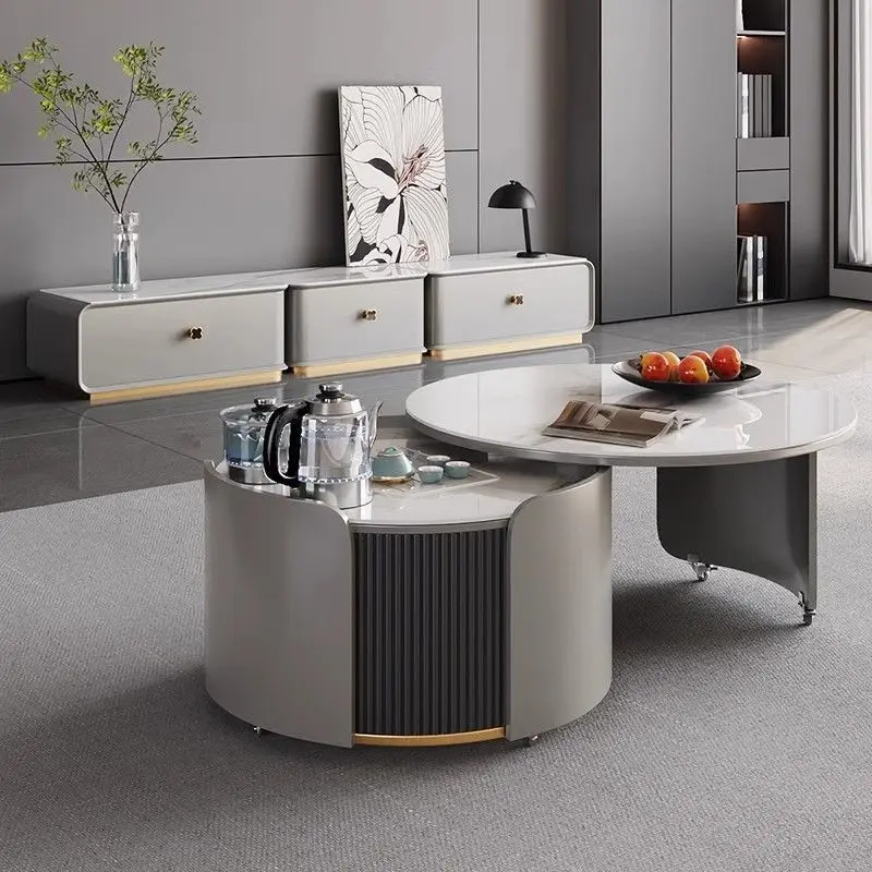 Rock slab Kung Fu living room household light luxury small apartment modern simple round tea making integrated tea table coffee