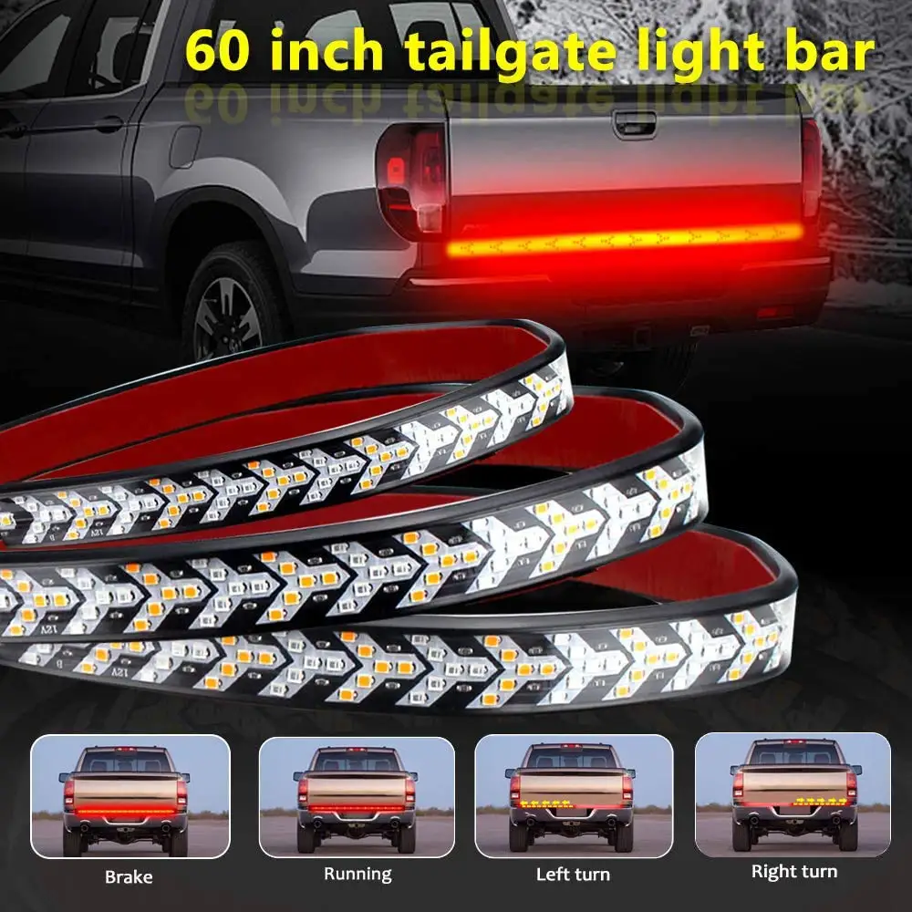 48/60 Inch Arrow LED Truck Tailgate Light 12V Red Brake Rear Taillight With Yellow Sequential Turn Signal Strobe Warning Light