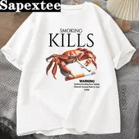 Smoking Kills Crab T Shirts Unhinged Weirdcore T-Shirt Weird Graphic Tee Harajuku Cotton Short Sleeve Tshirt Women Clothing