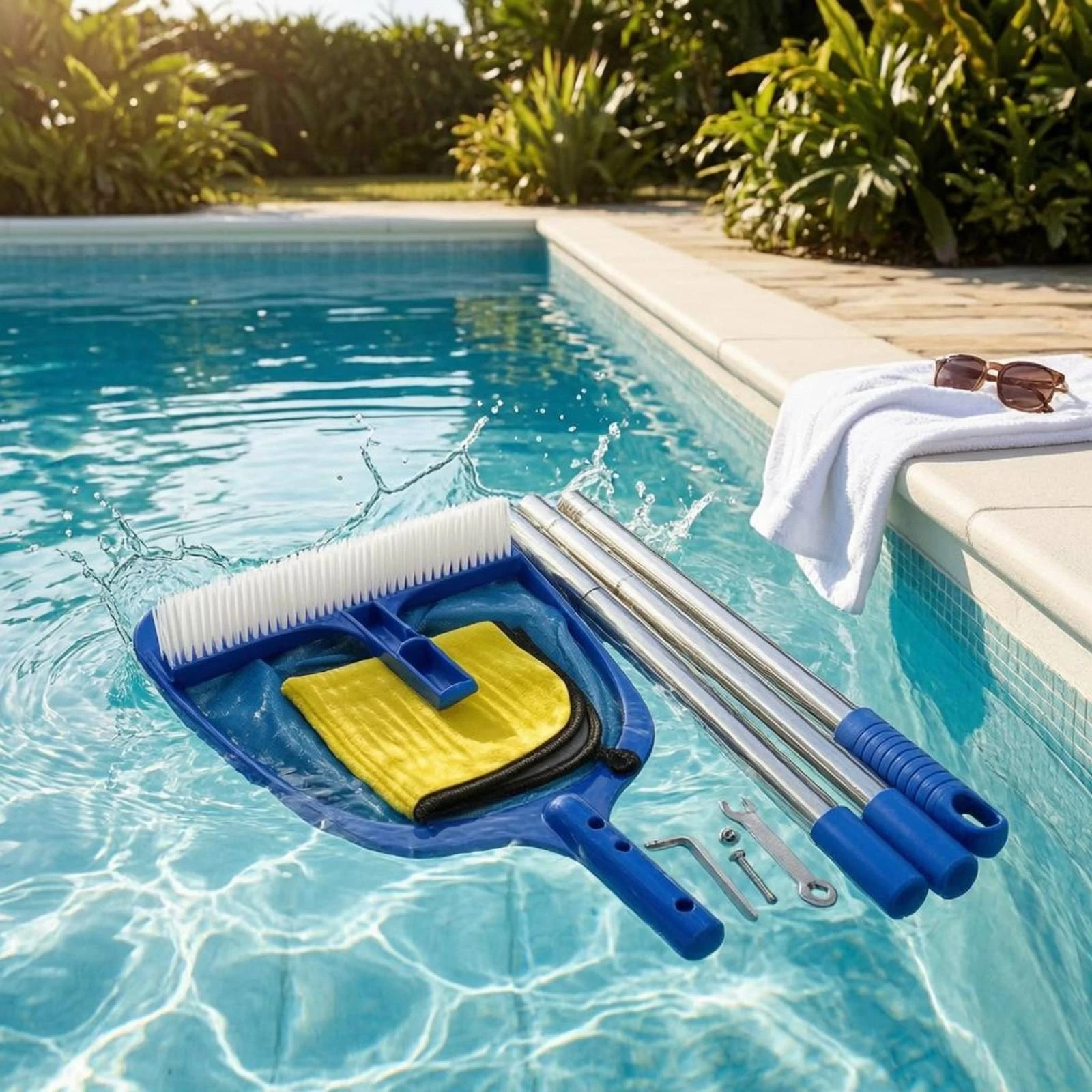 set-spazzola-e-rete-per-piscina-kit-di-pulizia-a-maglia-fine-rimuovi-detriti-manico-blu-nessuna-elettricita-richiesta