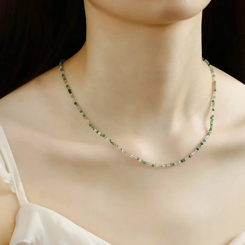 

LAMOON Vintage Bijou Natural Moss Agate Necklaces For Women Mini Bead Chain 925 Sterling Silver Gold Plated Fine Jewelry Gift
