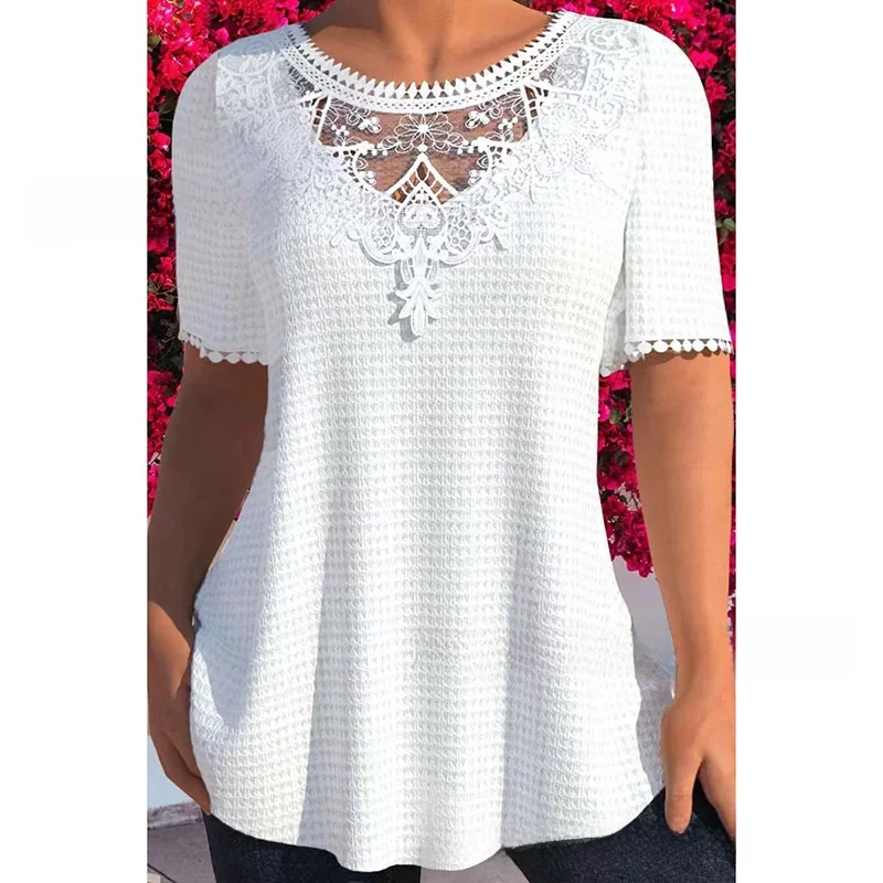 تي شيرت نسائي صيفي 2023 للتنقل مفرغ فضفاض ort Sve round Ne Top Faionable عابر متجدد الهواء كاجوال تي شيرت #3