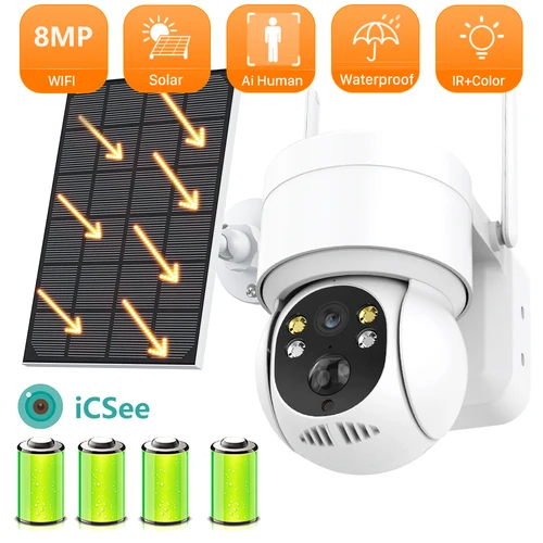Cámara IP Solar inalámbrica para exteriores, videocámara PTZ de 8MP, WiFi, batería integrada de 4MP, videovigilancia, larga duración en espera, aplicación iCsee