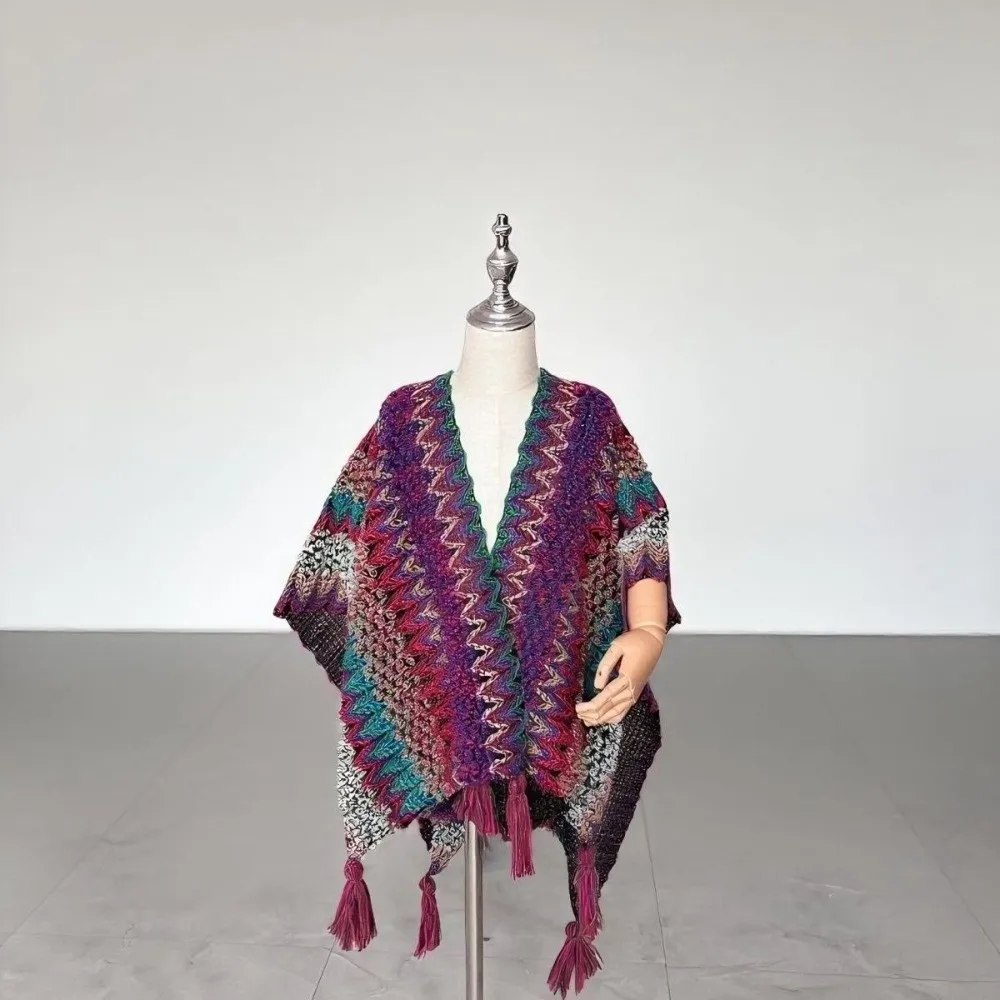 

Fashion Winter Warm Kids' Mongolian Poncho Ethnic Style Artificial Wool Cardigan Tassel Shawl Striped Knitted Cape For Children