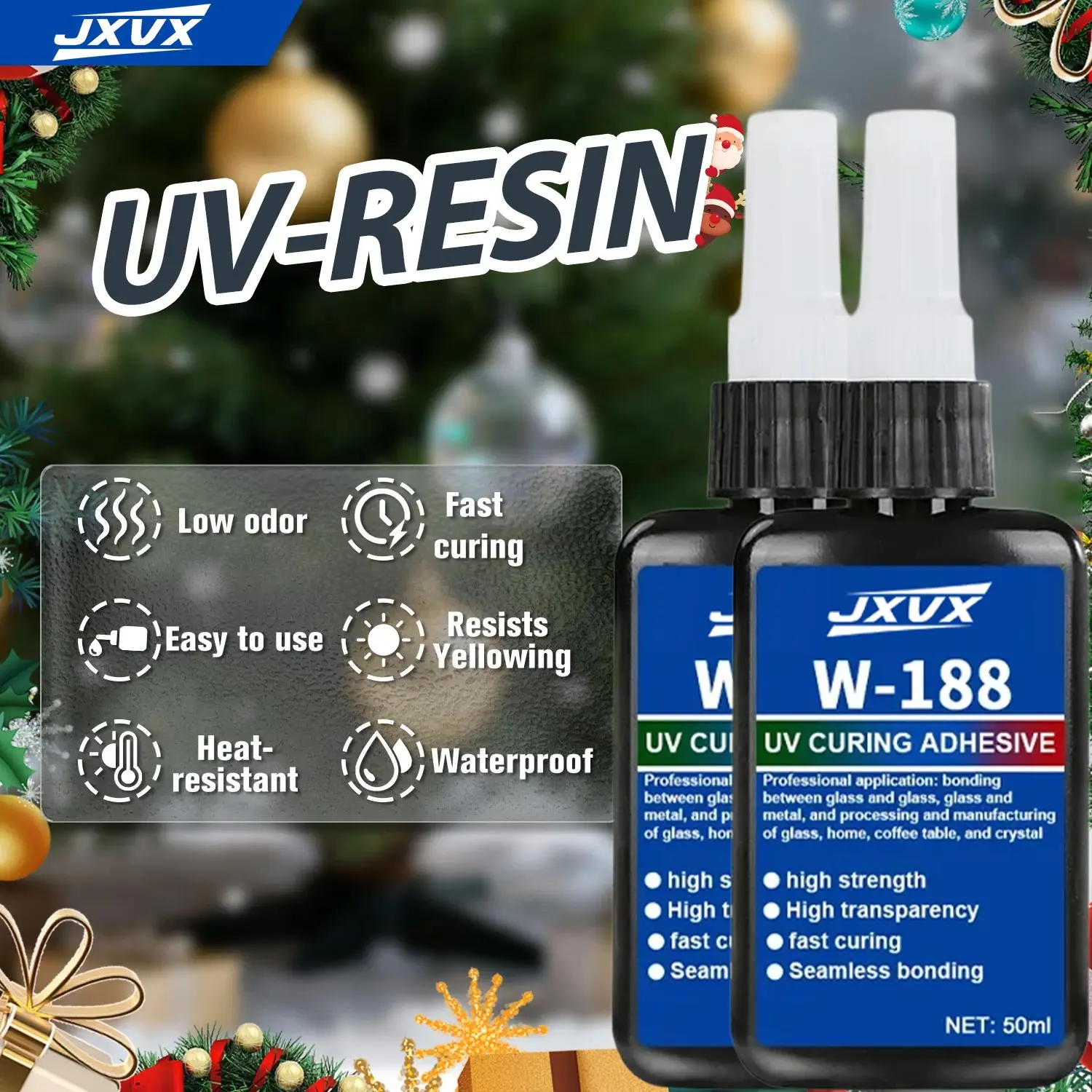50 ml de pegamento de resina UV W188 para joyería DIY, resina epoxi para lámpara UV, alta transparencia, secado rápido, alta dureza, decoraciones navideñas, modelos DIY.