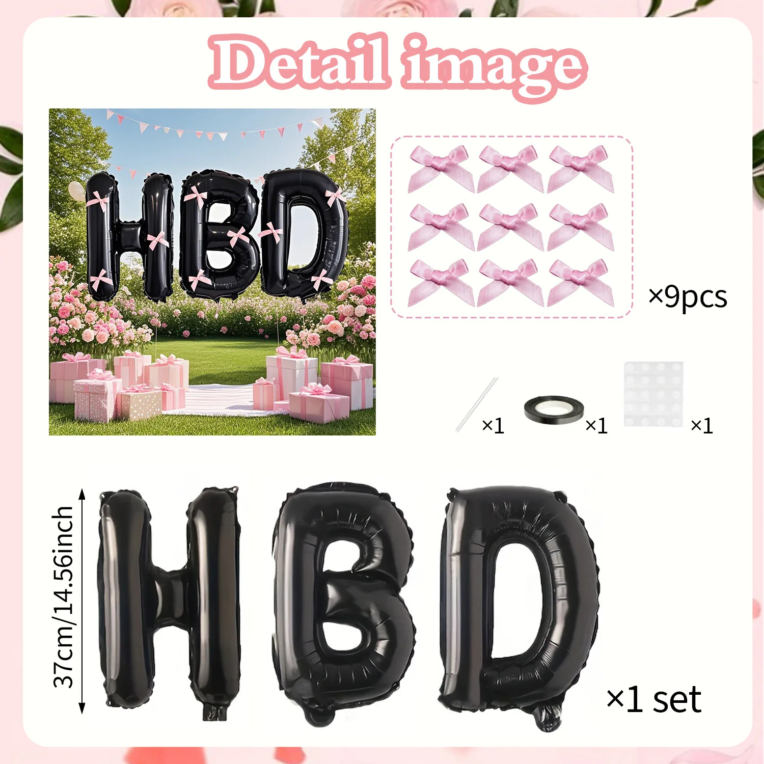 1 Set schwarze 'HBD'-Buchstaben-Folienballons mit rosa Schleife für Geburtstagsfeiern, Partydekoration und Foto-Requisiten – Detail 2