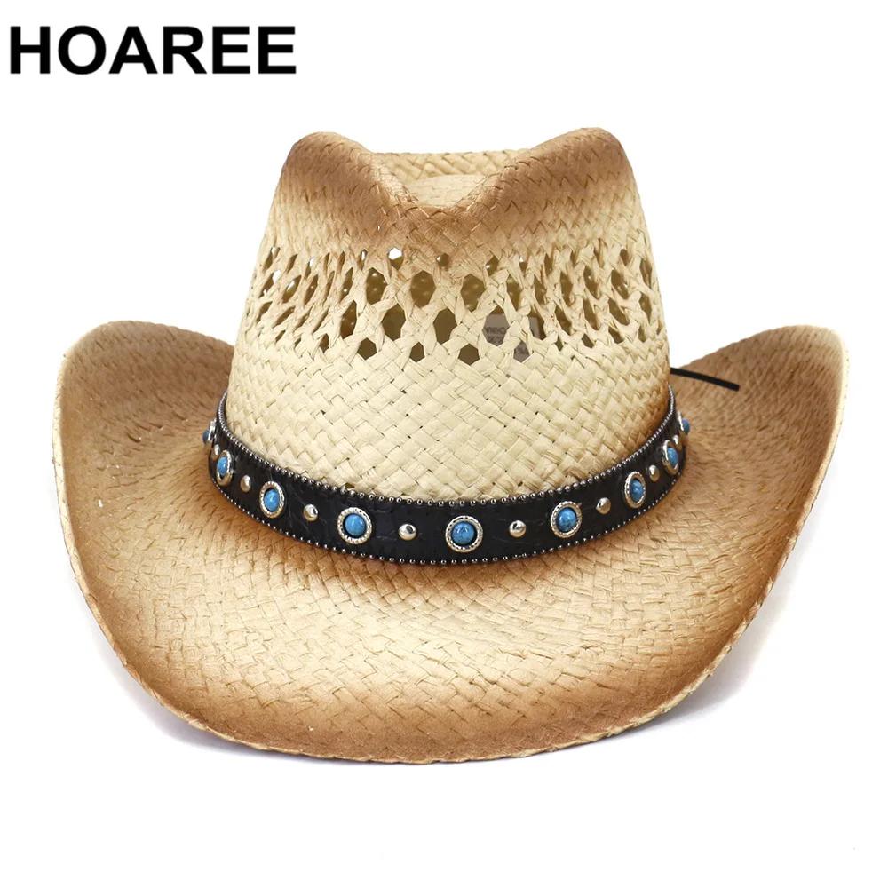 

HOAREE Khaki Fashion Design Men Womens Summer Hat Western Cowboy Hat Handmade Female Wide Brim Sun Protective Beach Sun Hats