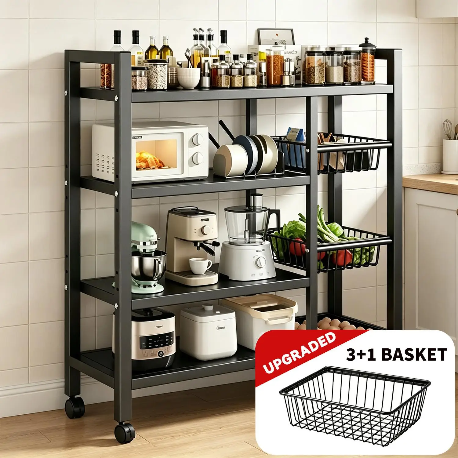 Heavy Duty Metal Storage Rack Adjustable Shelving Unit with Wire Baskets Space Saving Kitchen Organizer Stand Multi-Purpose Freestanding Shelf for Fruit Vegetable Tool Laundry Bathroom Pantry