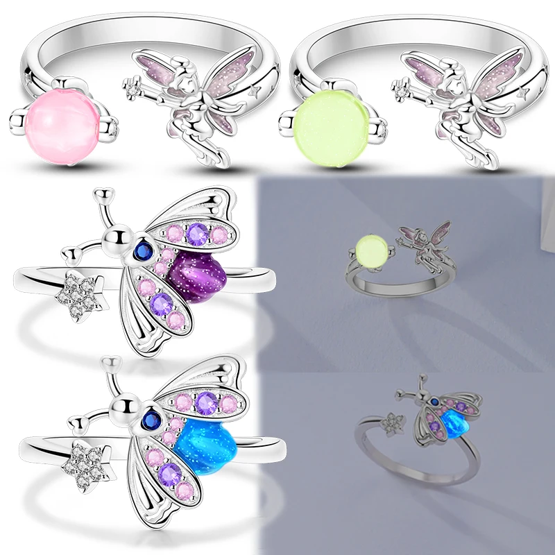 

Original 925 Sterling Silver Luminous Firefly Elf Open Rings for Women Girls Jewelry Birthday Anniversary Gifts