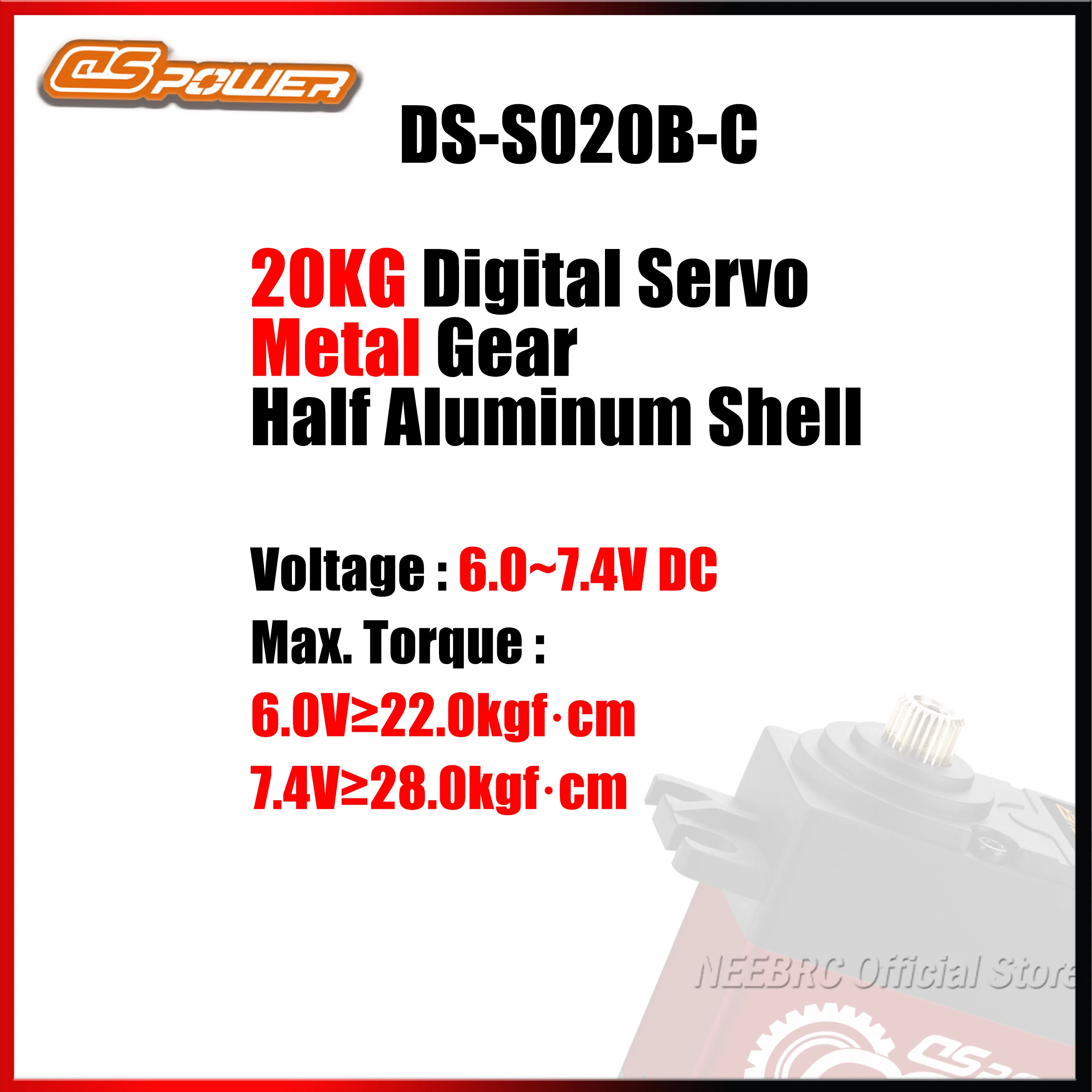 DSpower 20KG Metal Gear Standard High Speed Large Torque Digital Servo 6.0~7.4V Motor Red for 1/8 1/10 RC Car Toy Accessories