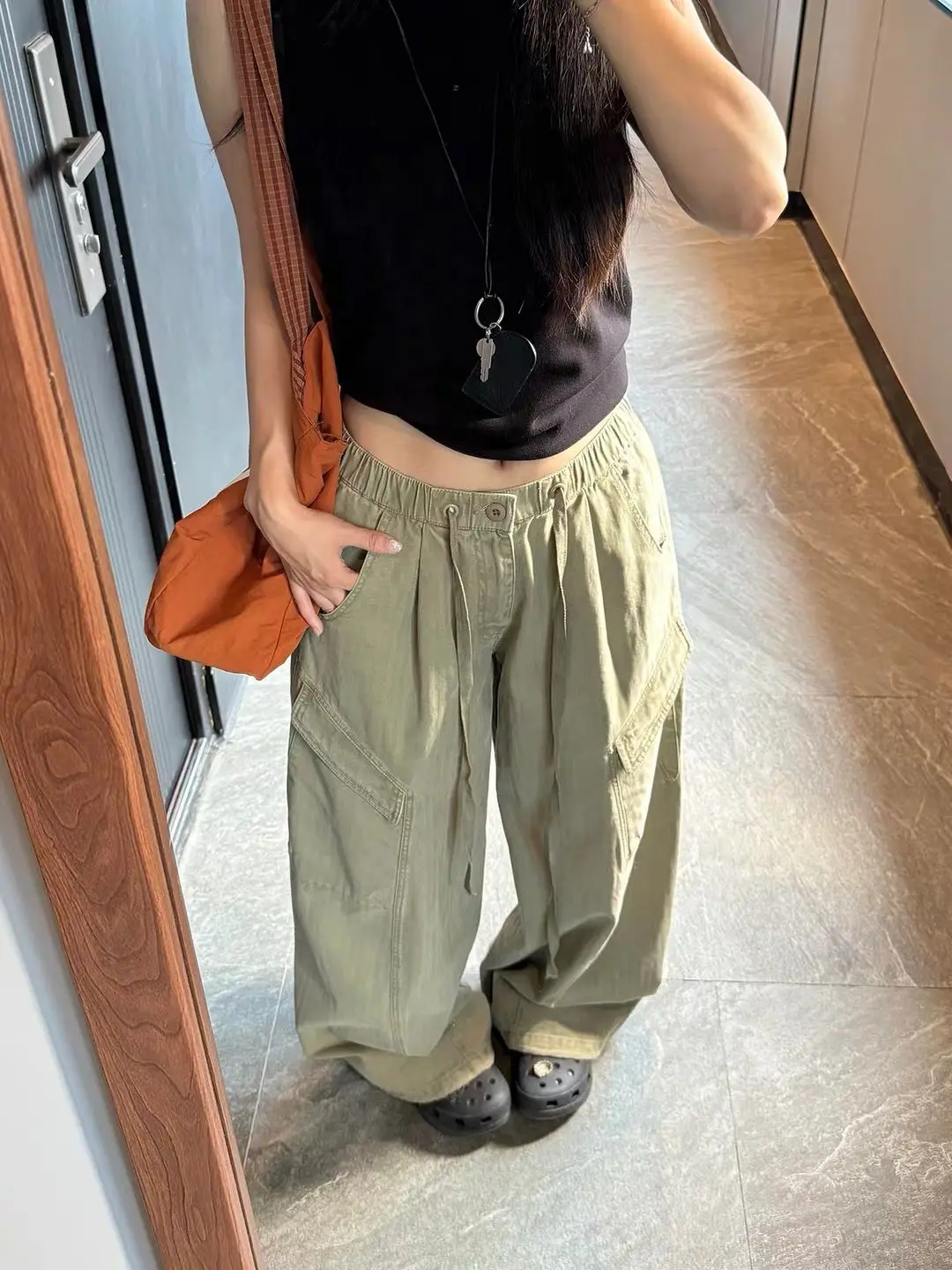 Drawstring Elastic High Waist Cargo Wide Leg Pants Women Retro Loose Multi Pocket Streetwear Trousers